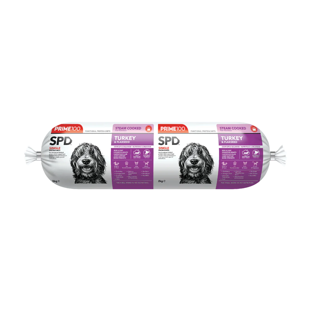 prime100 turkey and flaxseed 2kg dog food roll