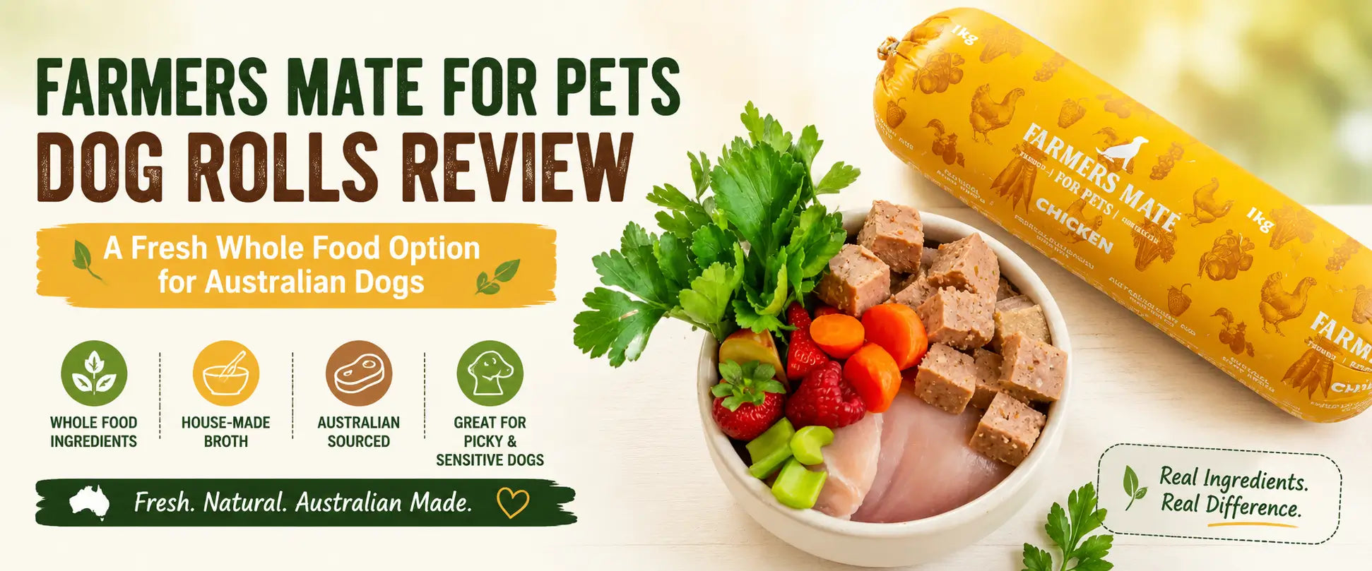 Farmers Mate For Pets Dog Rolls Review featuring fresh Australian dog food made with real chicken, vegetables, fruit and whole food ingredients