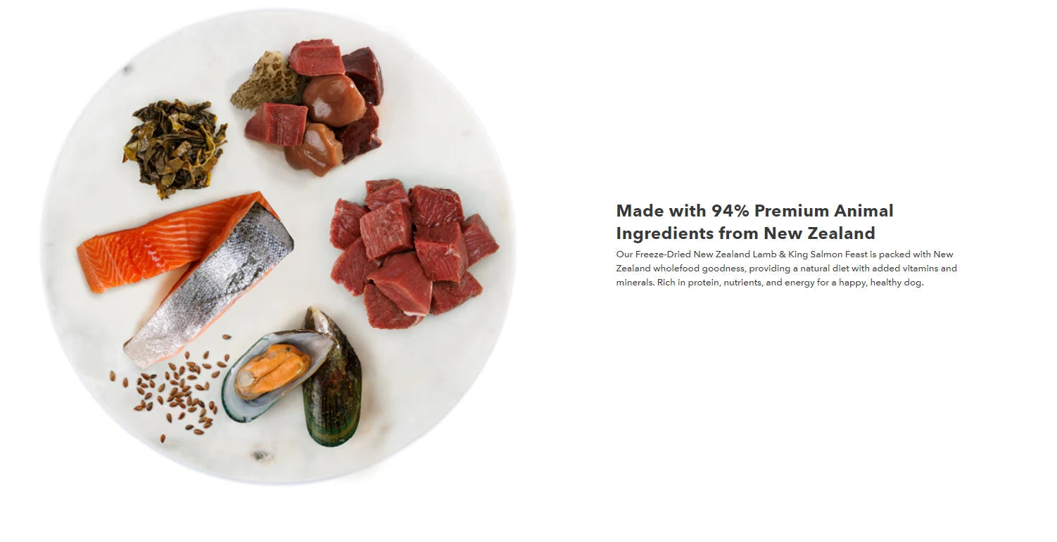 K9 Natural freeze dried dog food ingredients including New Zealand lamb, beef, king salmon, green-lipped mussels and wholefood nutrients used in premium 94% animal ingredient recipes