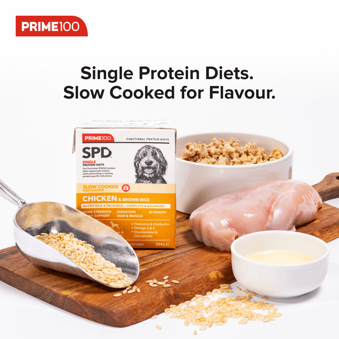 prime100 chicken and brown rice single protein diet with ingredients display