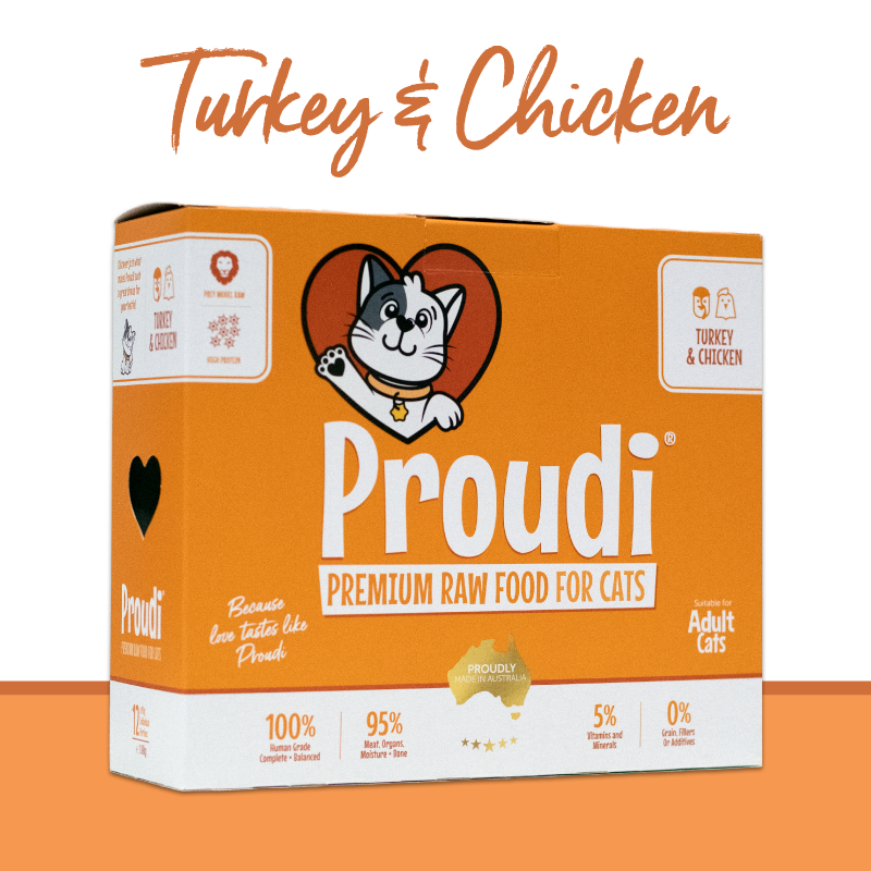 Proudi Turkey & Chicken raw cat food - a mild, smooth first food for transitioning a cat to raw