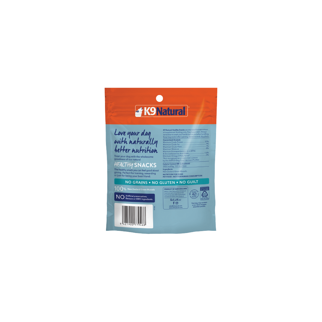 K9 Natural Green Mussels healthy dog snacks 50 g pouch, back with feeding guide and ingredients