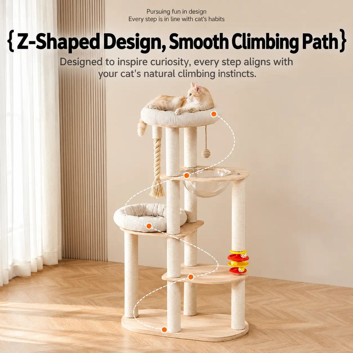 154cm luxury cat tree showing Z-shaped climbing route with staggered platforms, plush cat beds, transparent hammock and interactive toys.