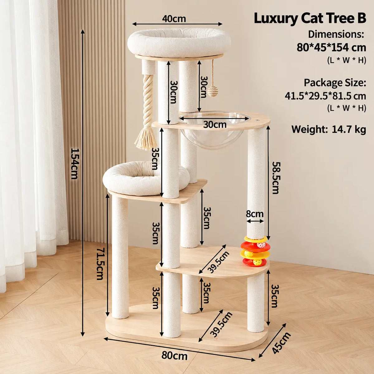 154cm luxury multi-level cat tree dimension guide showing 80 x 45cm base, two plush beds, transparent hammock and scratching posts.