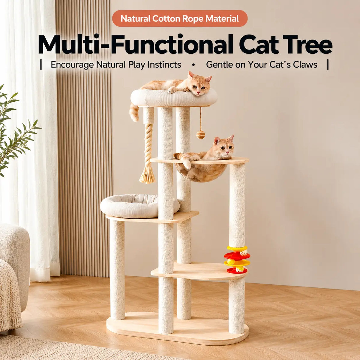 Luxury 154cm multi-level cat tree with two ginger cats resting on the top corduroy bed and transparent hammock, featuring white rope scratching posts.