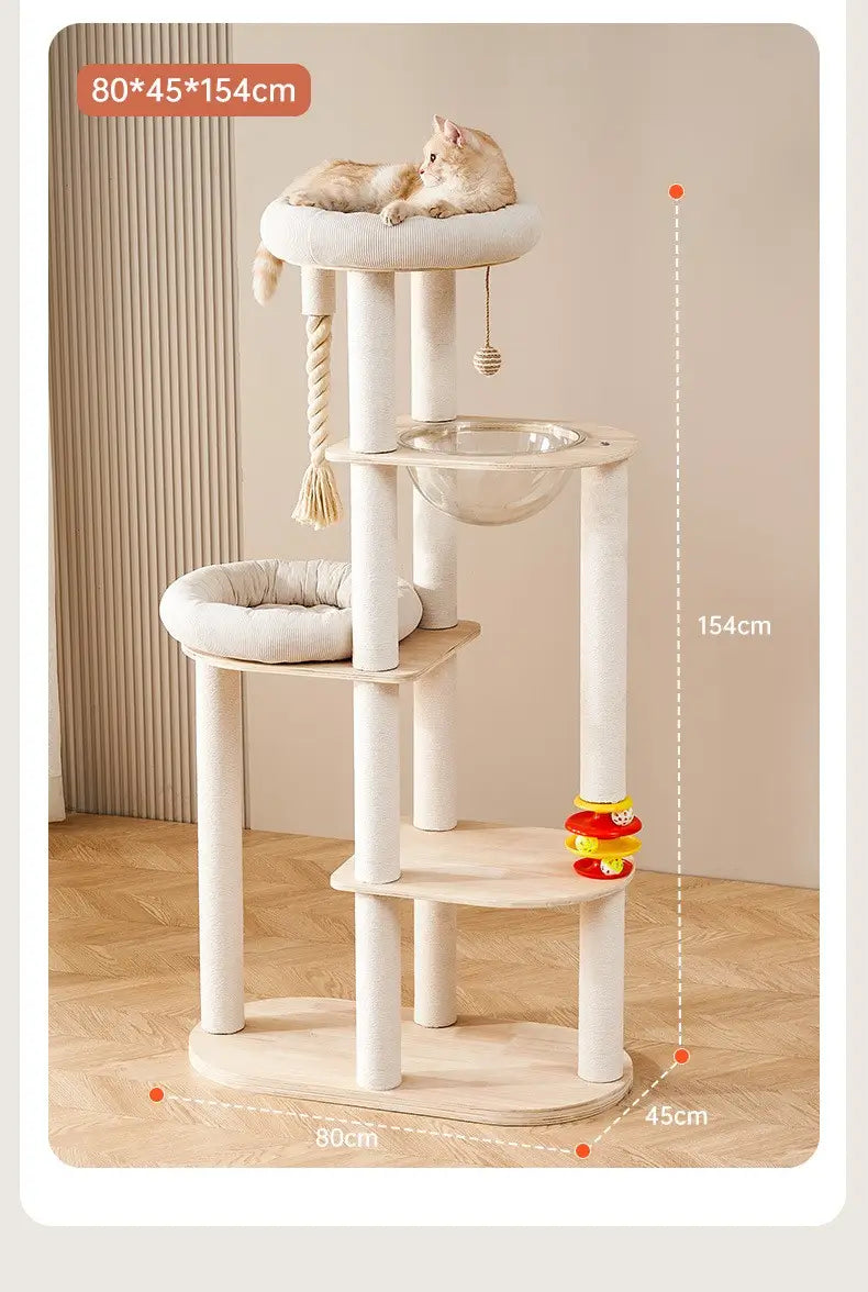 Full view of the 154cm luxury cat tree showing 80cm width, 45cm depth, double plush beds, transparent hammock and multi-level climbing platforms.