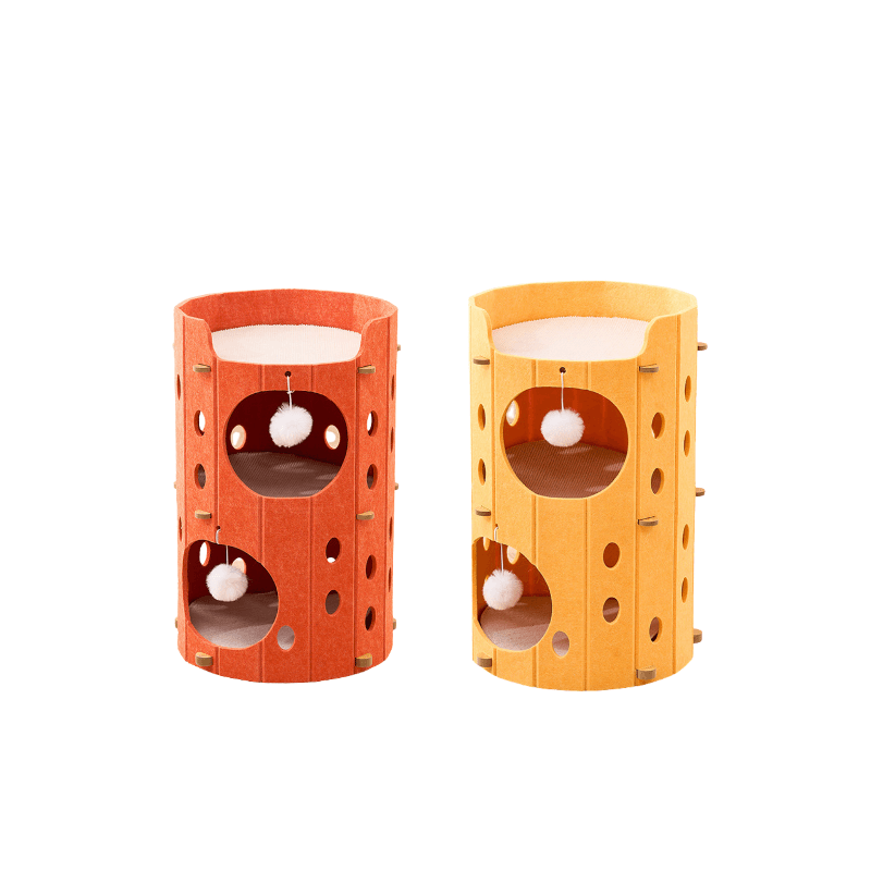 3-level cat tower hideaway condo available in orange and yellow colours