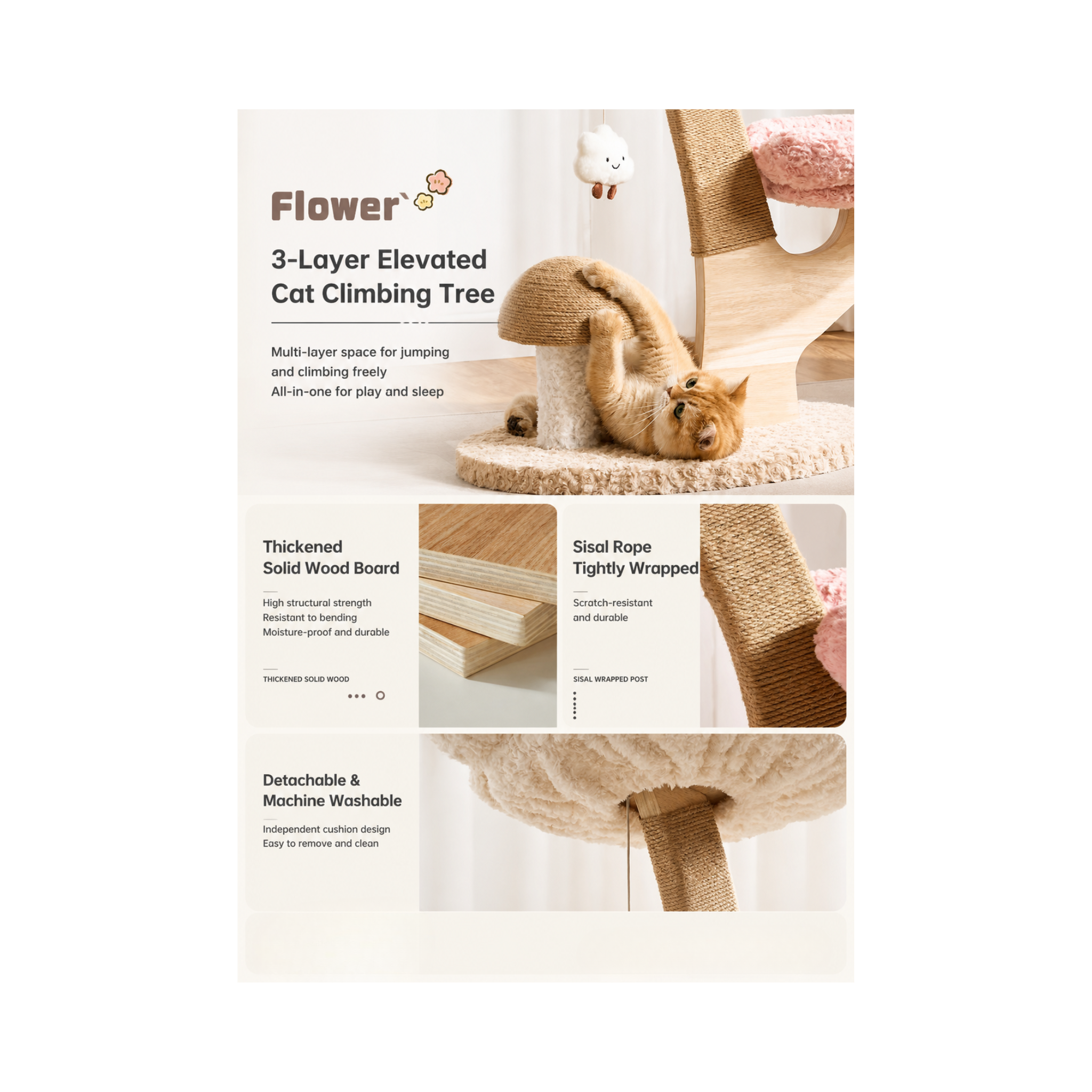 ADS PET Flower Series Pink Cat Tree – 3-Tier with Sisal Scratching Post