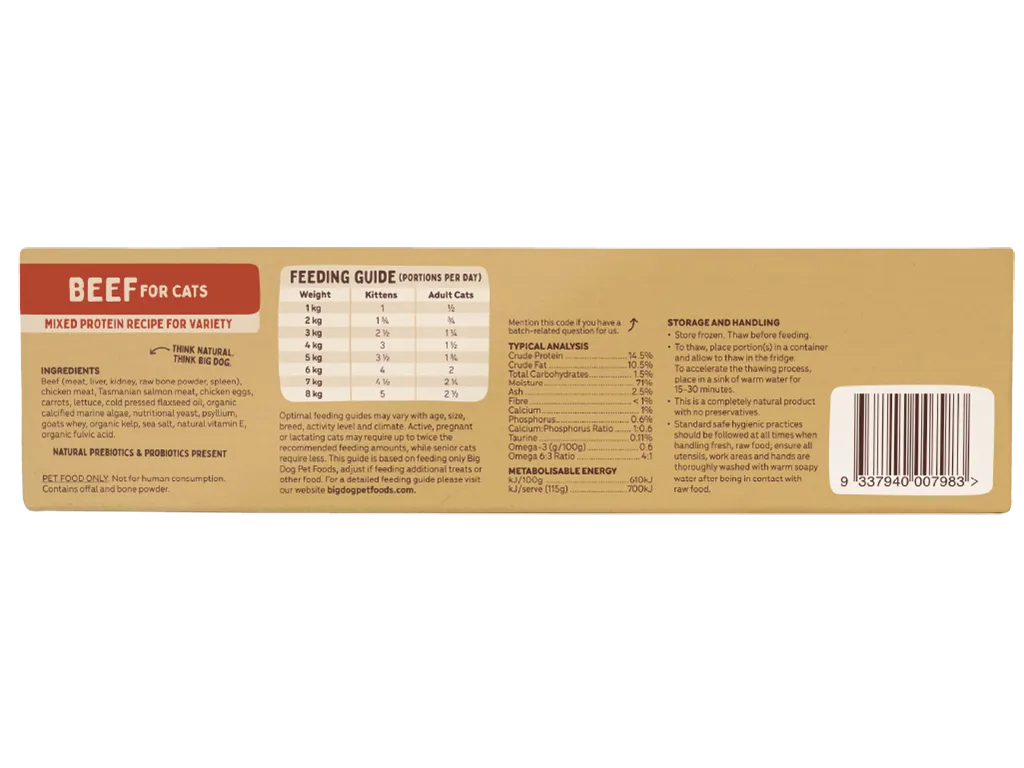 Big Dog Beef raw cat food 1.38 kg box, back panel with ingredients and feeding guide