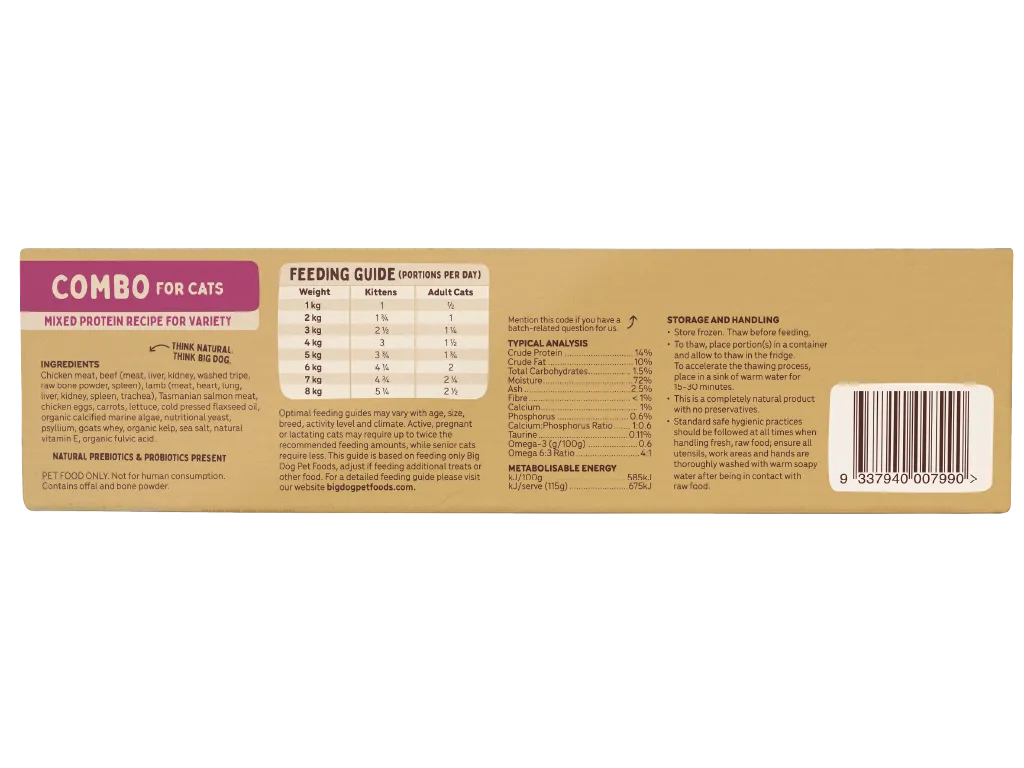 Big Dog Combo raw cat food 1.38 kg box, back panel with ingredients and feeding guide