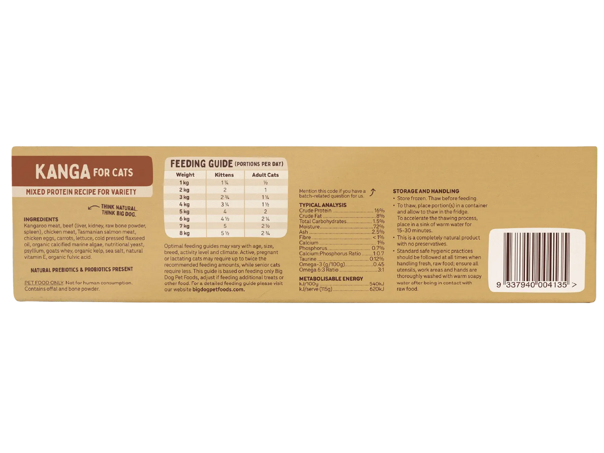 Big Dog Kangaroo raw cat food 1.38 kg box, back panel with ingredients and feeding guide