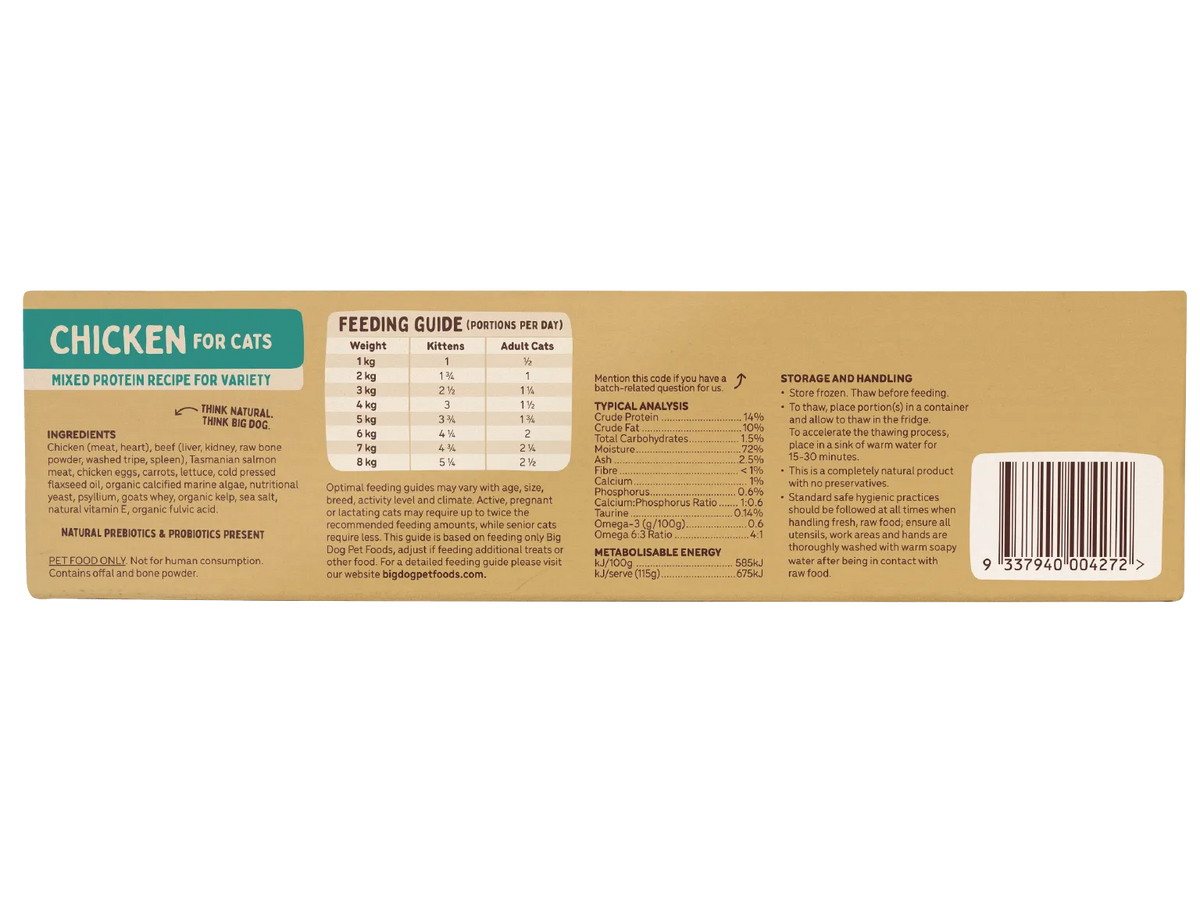 Big Dog Chicken raw cat food 1.38 kg box, side panel