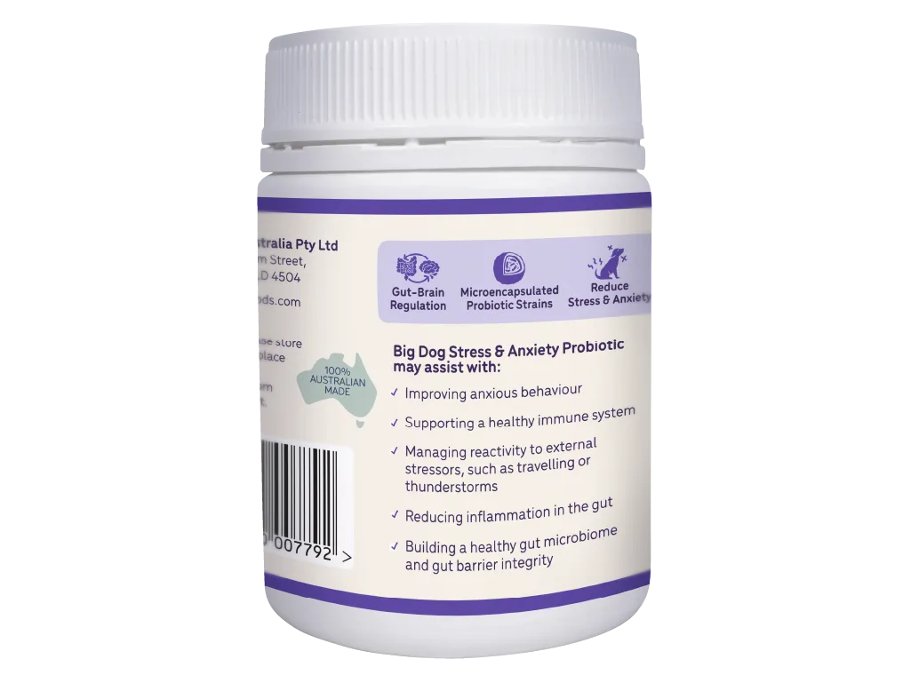 Big Dog Stress & Anxiety Probiotic 150 g jar, side label with benefits