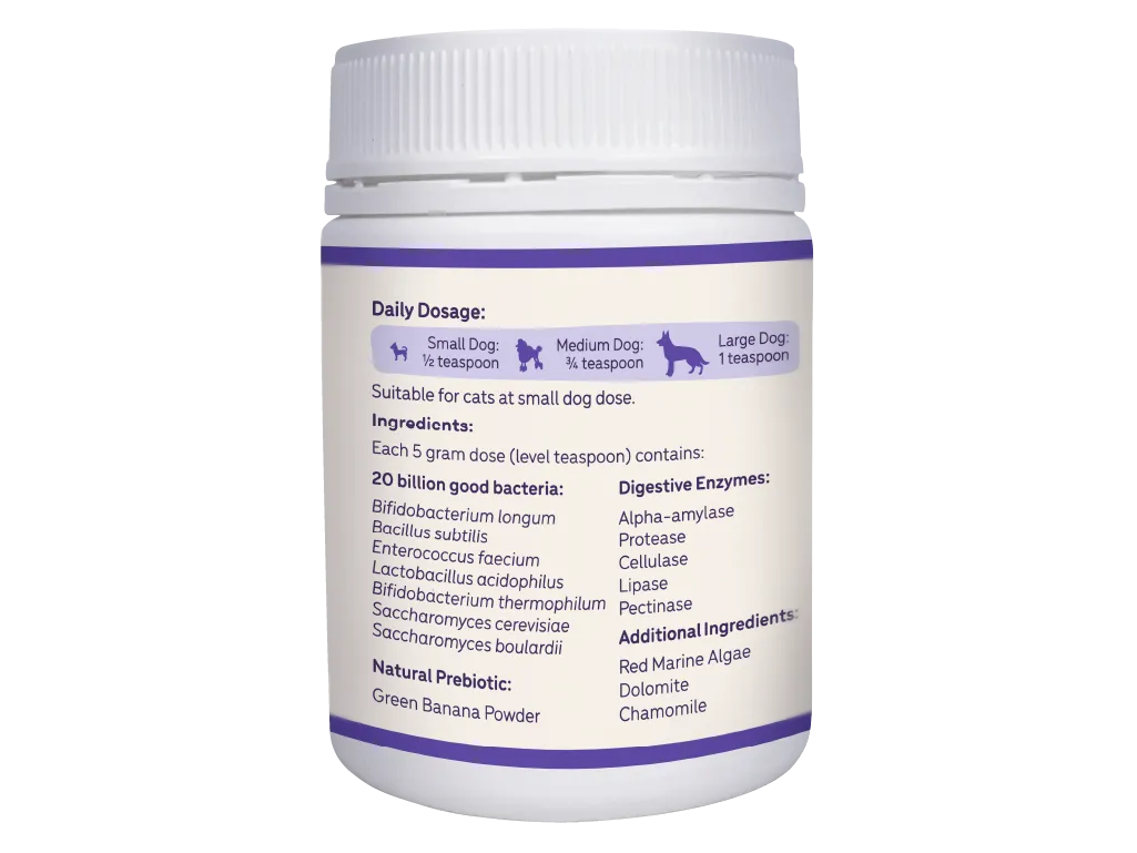 Big Dog Stress & Anxiety Probiotic 150 g jar, side label with daily dosage and ingredients