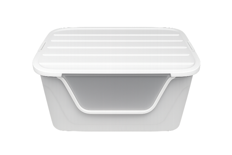 White enclosed cat litter box with lid and front entry opening