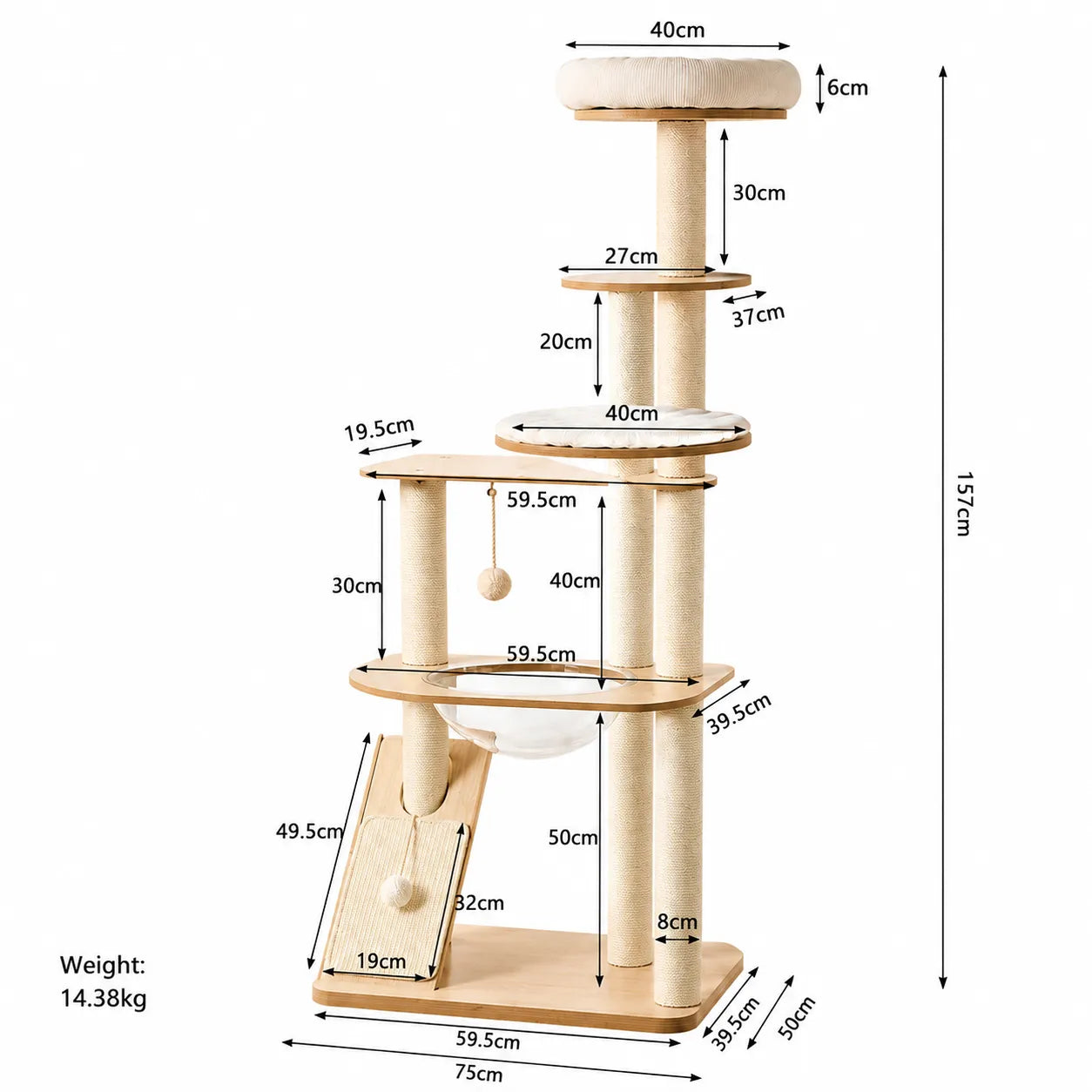 ADS PET Natural Wood Cat Tree with Scratching Ramp – Multi-Cat Friendly