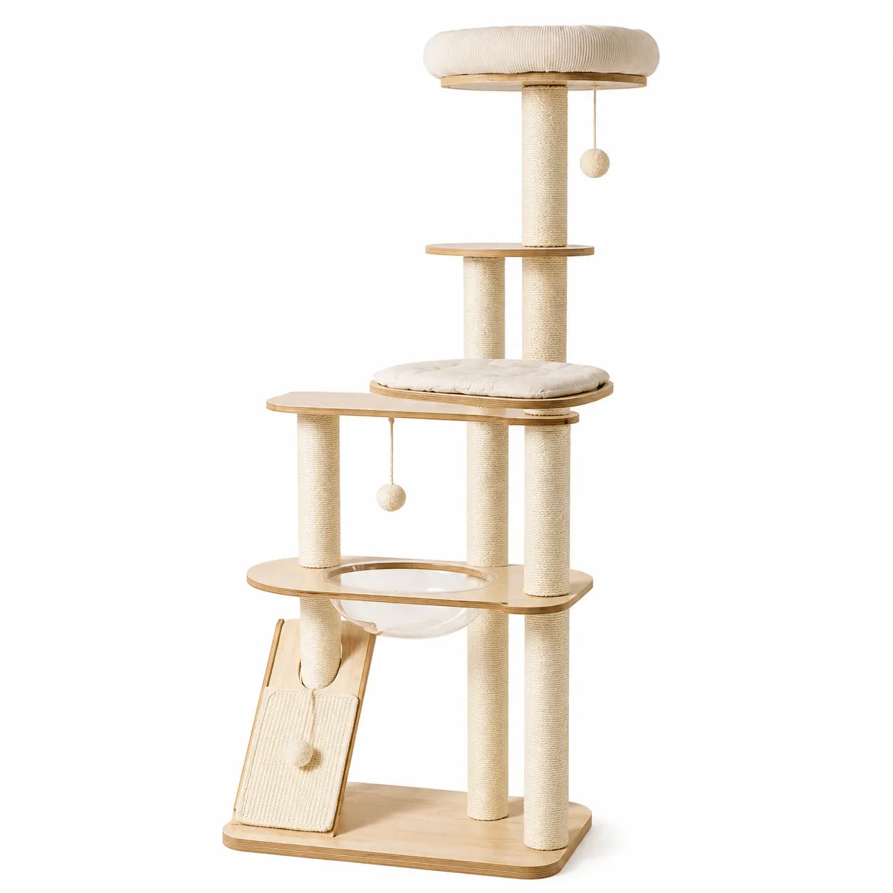 ADS PET Natural Wood Cat Tree with Scratching Ramp – Multi-Cat Friendly