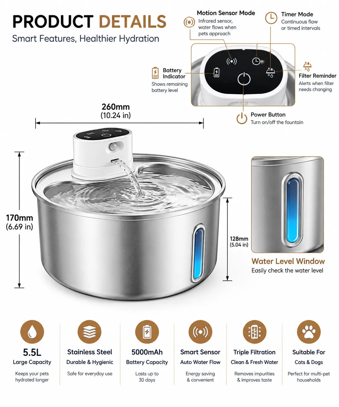 ADS Pet Wireless Automatic Stainless Steel Deep Pet Water Fountain
