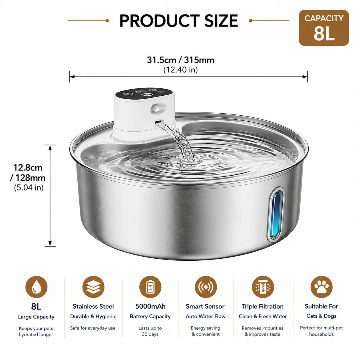 ADS Pet Wireless Automatic Stainless Steel Deep Pet Water Fountain