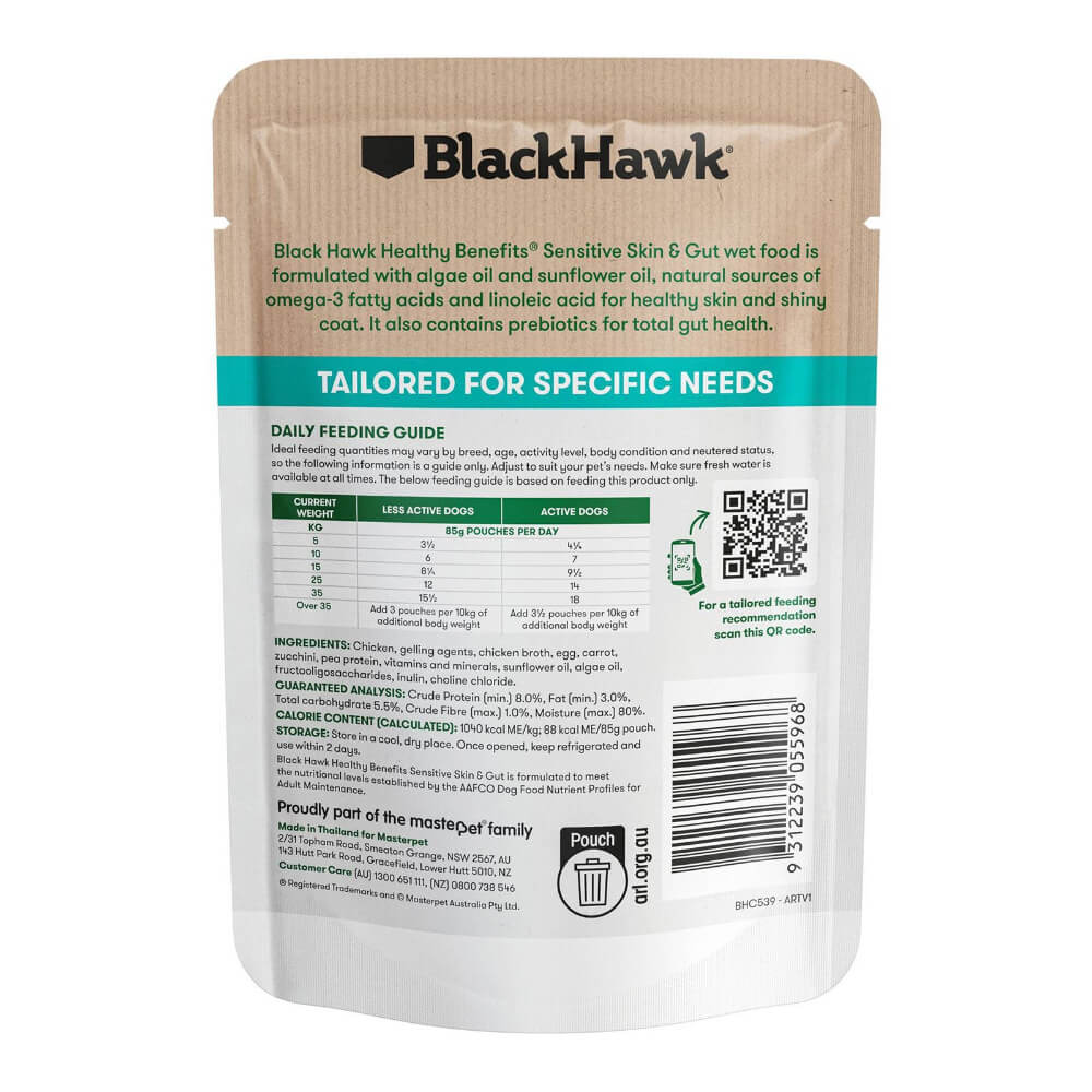 BLACK HAWK Healthy Benefits Sensitive Skin And Gut Wet Dog Food Pouches 85G back