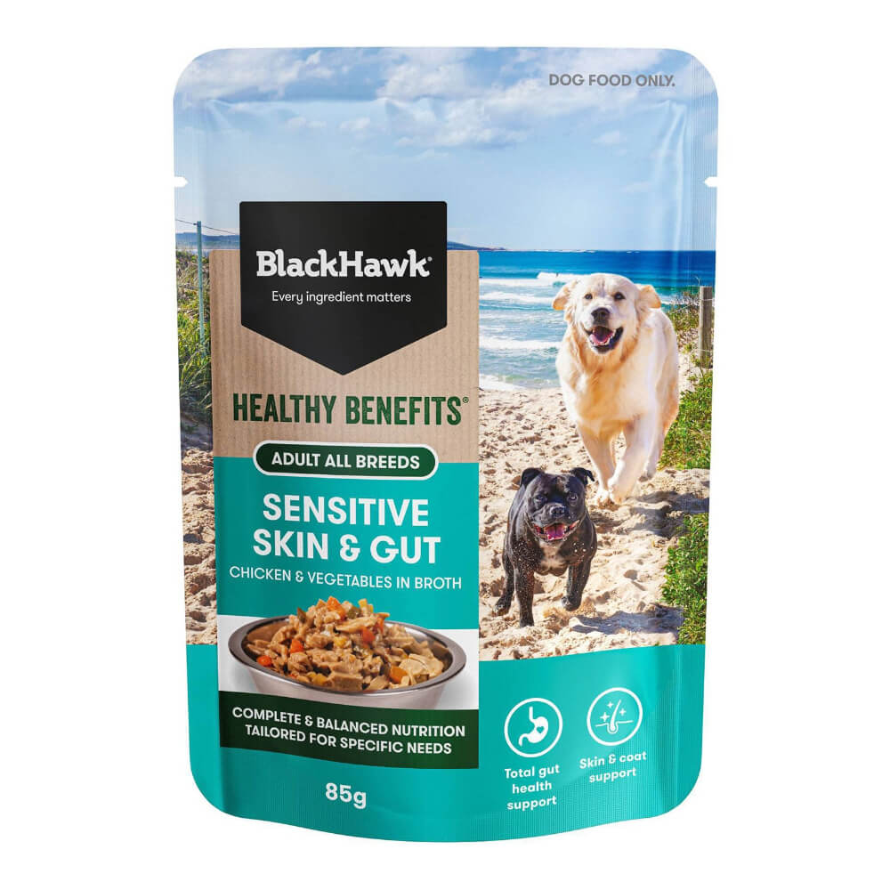 BLACK HAWK Healthy Benefits Sensitive Skin And Gut Wet Dog Food Pouches 85G front