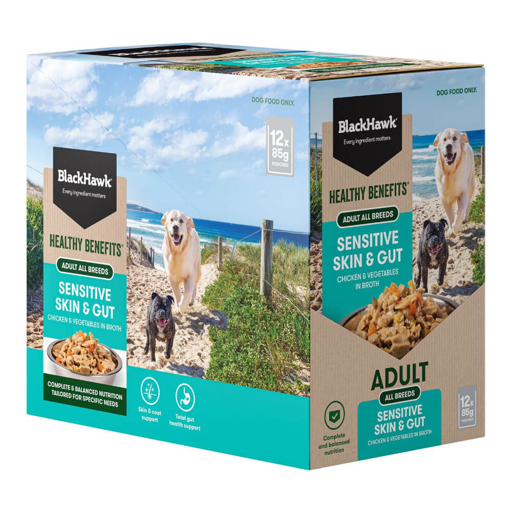 BLACK HAWK Healthy Benefits Sensitive Skin And Gut Wet Dog Food Pouches 85G x 12 side display