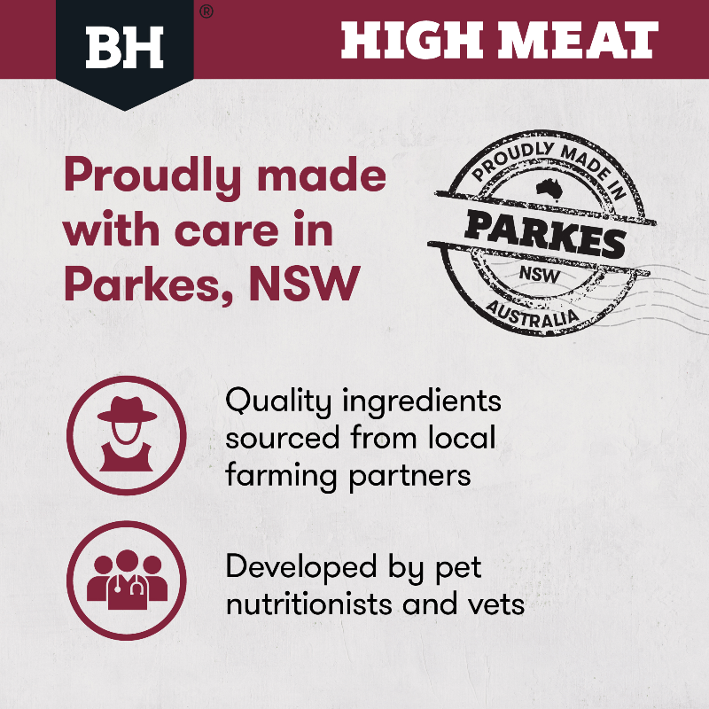 Black Hawk High Meat dog food – proudly made in Parkes, NSW with local farming ingredients, developed by pet nutritionists and vets.