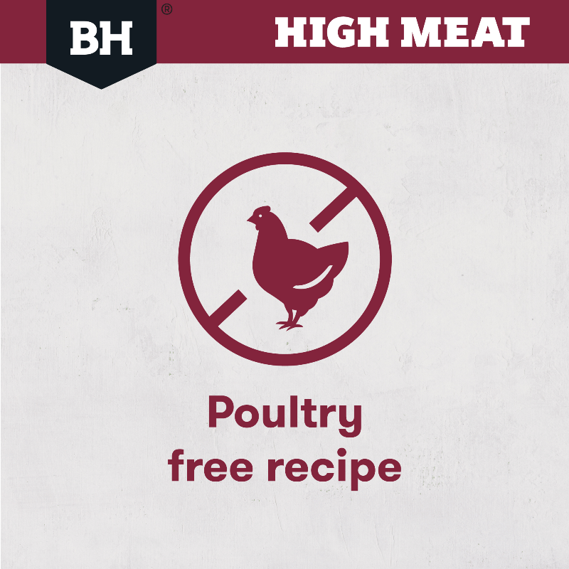 Logo with a chicken silhouette and text indicating a poultry-free recipe on a white background.