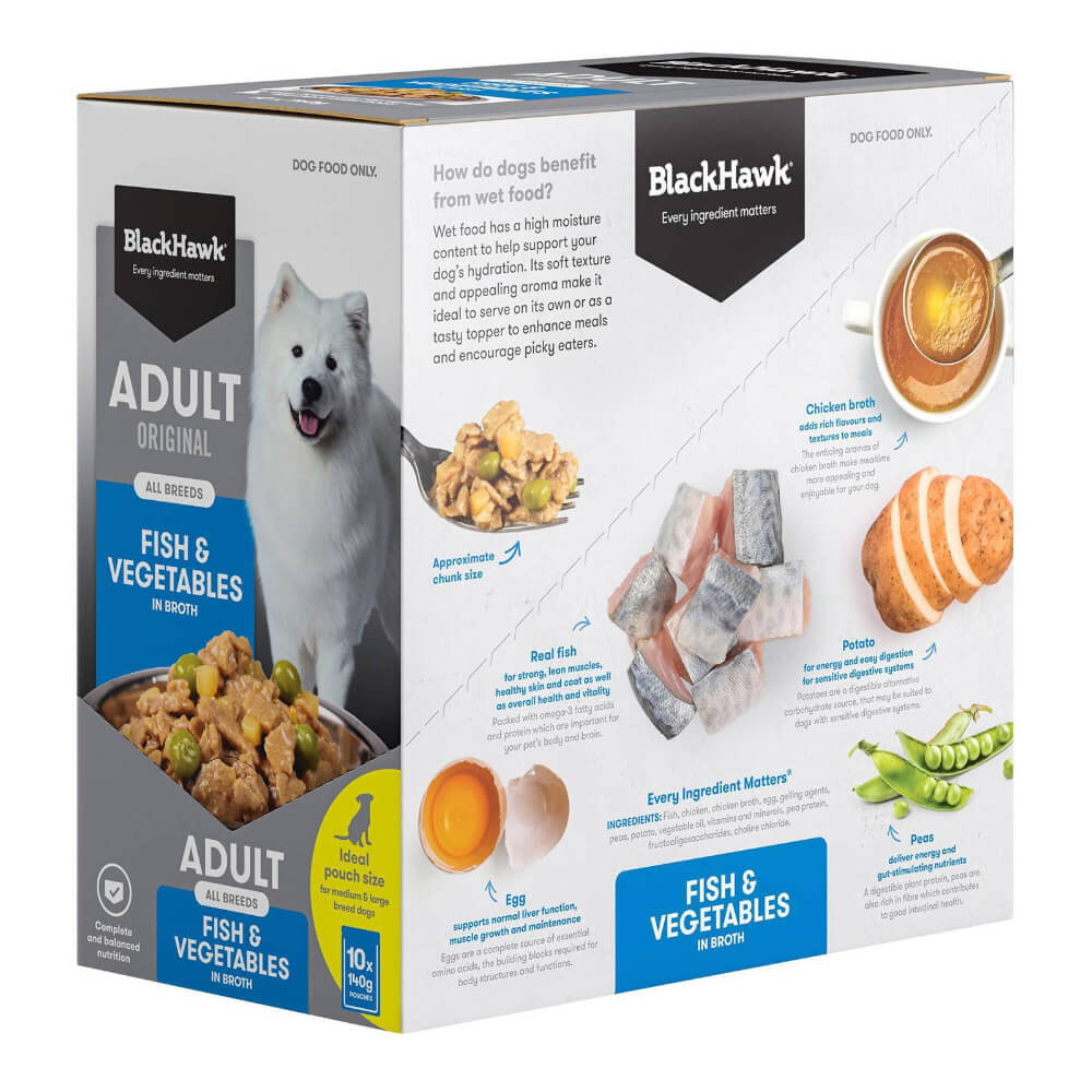 BLACK HAWK Original Adult Fish And Vegetables Wet Dog Food Pouches 140g side views with ingredients features