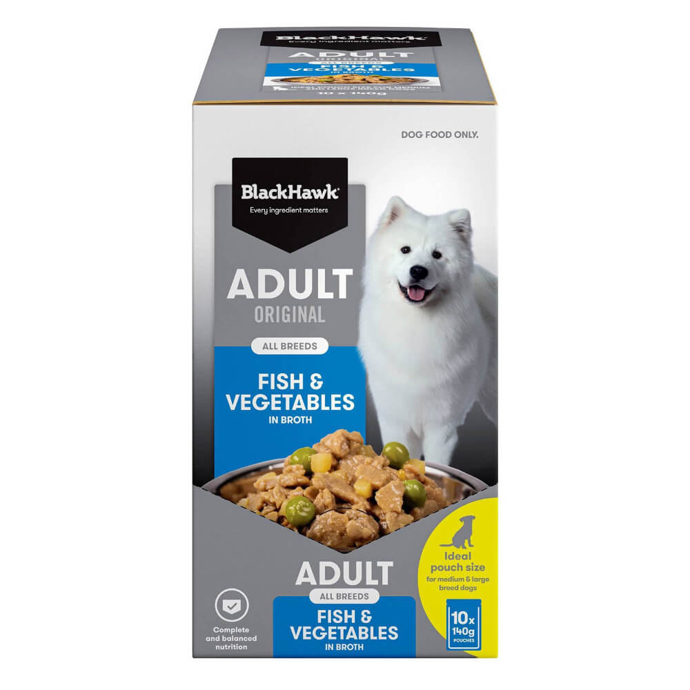 BLACK HAWK Original Adult Fish And Vegetables Wet Dog Food Pouches 140gx10 front