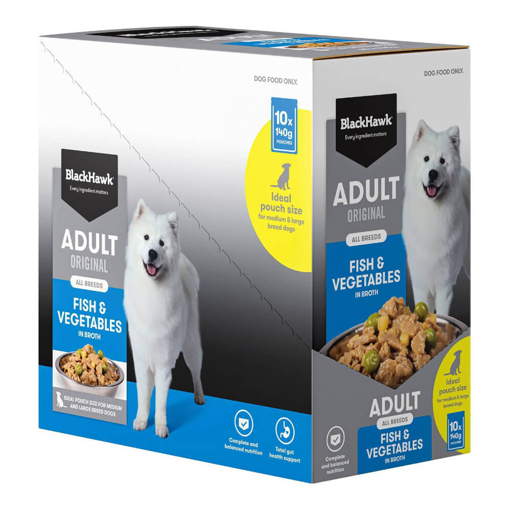 BLACK HAWK Original Adult Fish And Vegetables Wet Dog Food Pouches 140gx10 side view