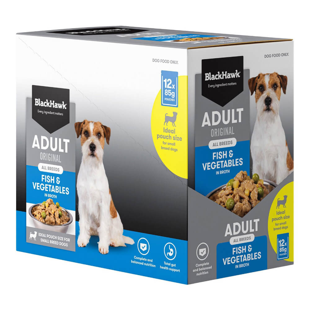 BLACK HAWK Original Adult Fish And Vegetables Wet Dog Food Pouches 85g x1 12 side view