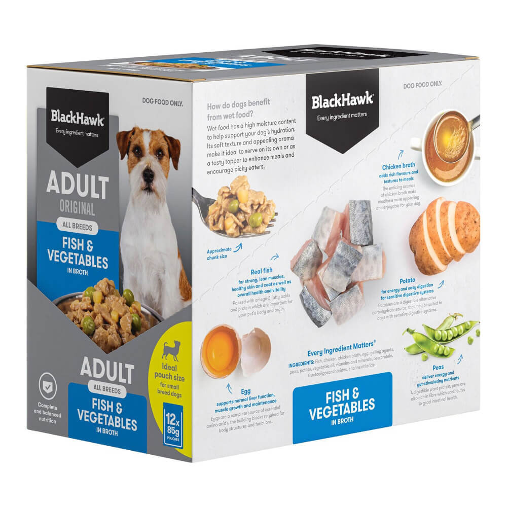 BLACK HAWK Original Adult Fish And Vegetables Wet Dog Food Pouches 85gx12 side view with ingredients features