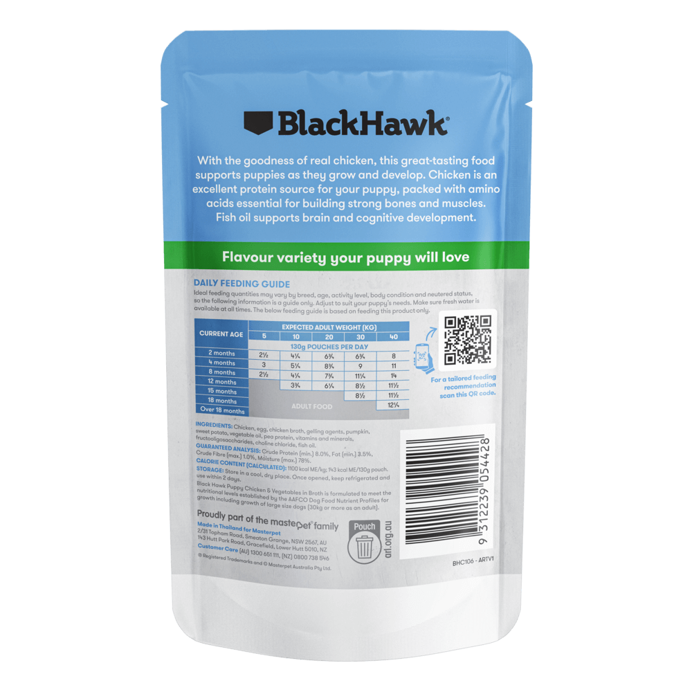 Pouch of BlackHawk Puppy Original Chicken & Vegetables in Broth dog food  130g back information on a white background
