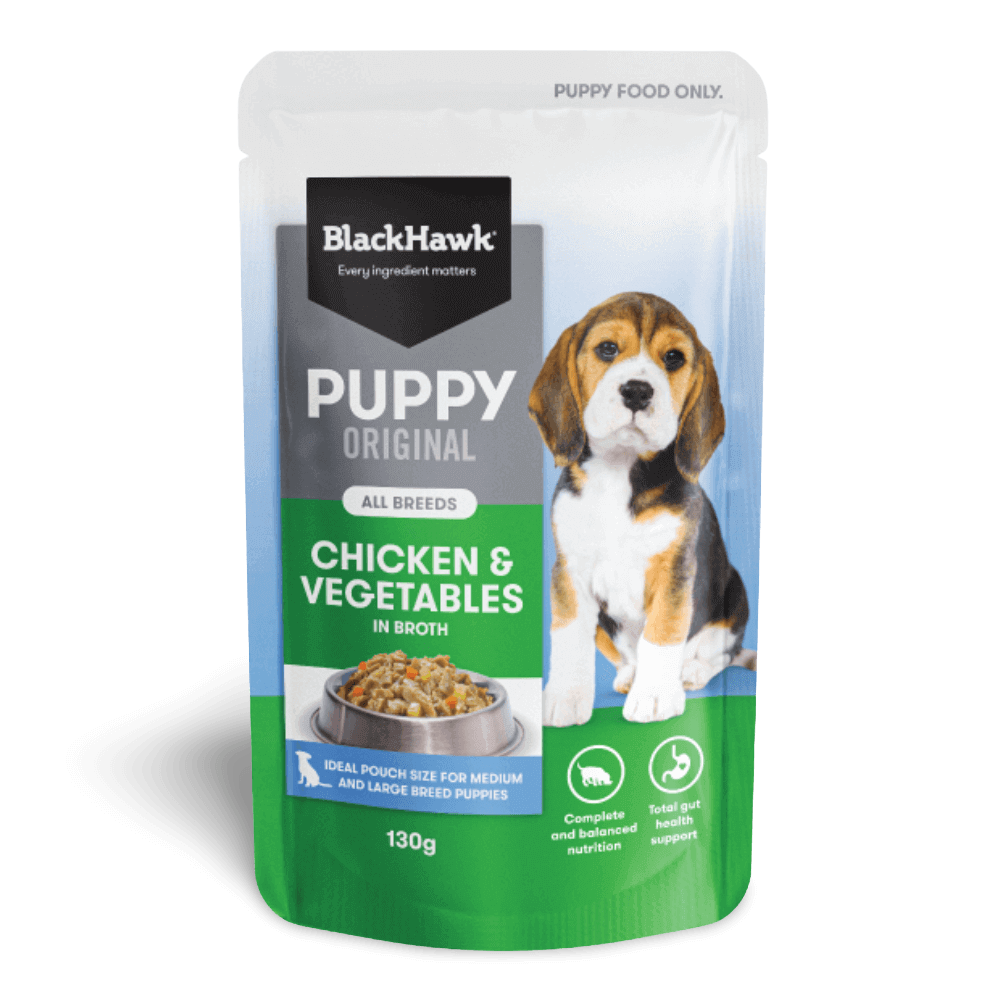 Pouch of BlackHawk Puppy Original Chicken & Vegetables in Broth dog food  130g on a white background