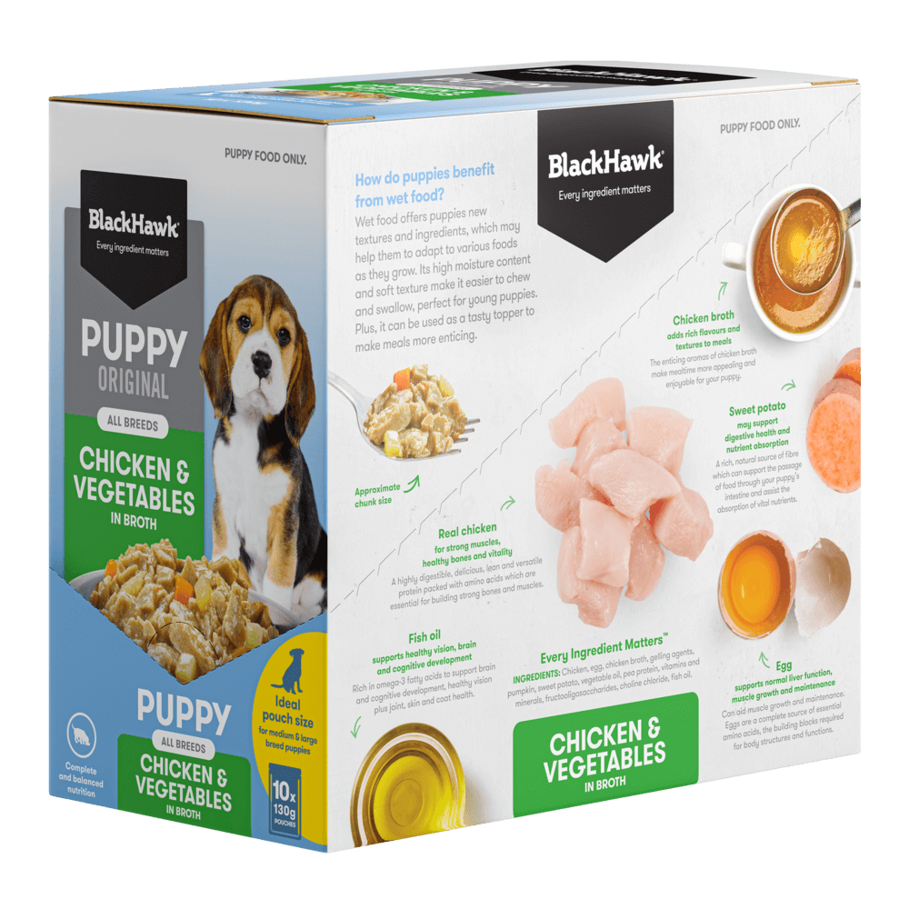 BlackHawk Puppy Original Chicken & Vegetables in Broth dog food packaging on a white background