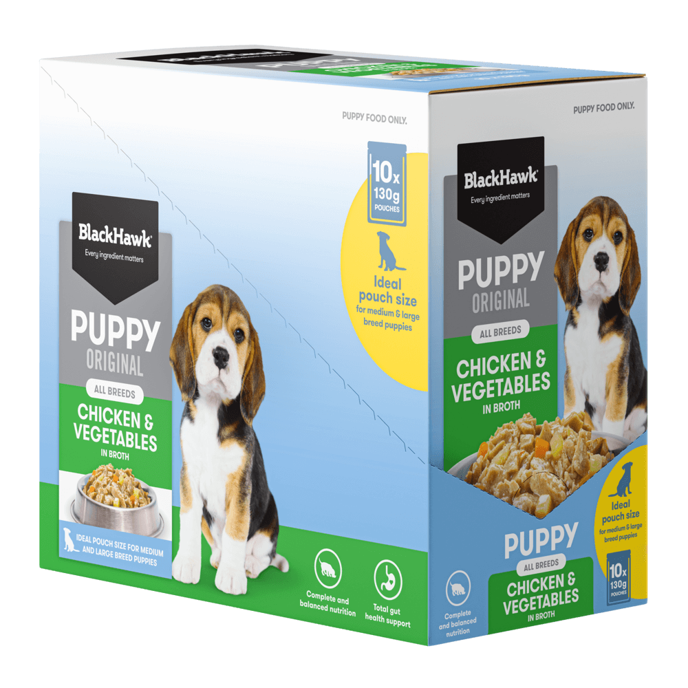 Box of BlackHawk Puppy Original Chicken & Vegetables in Broth dog food on a white background