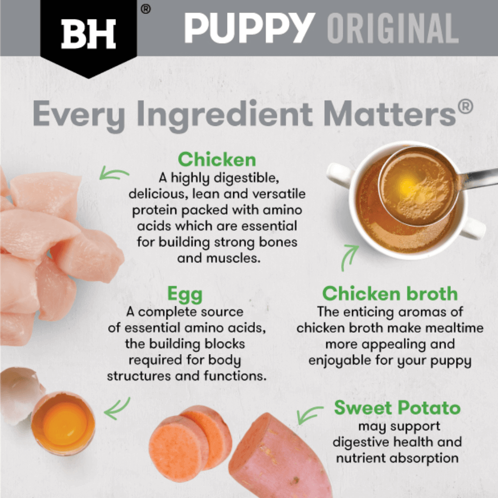 black hawk Puppy Original dog food ingredients with chicken, egg, chicken broth, and sweet potato shown.