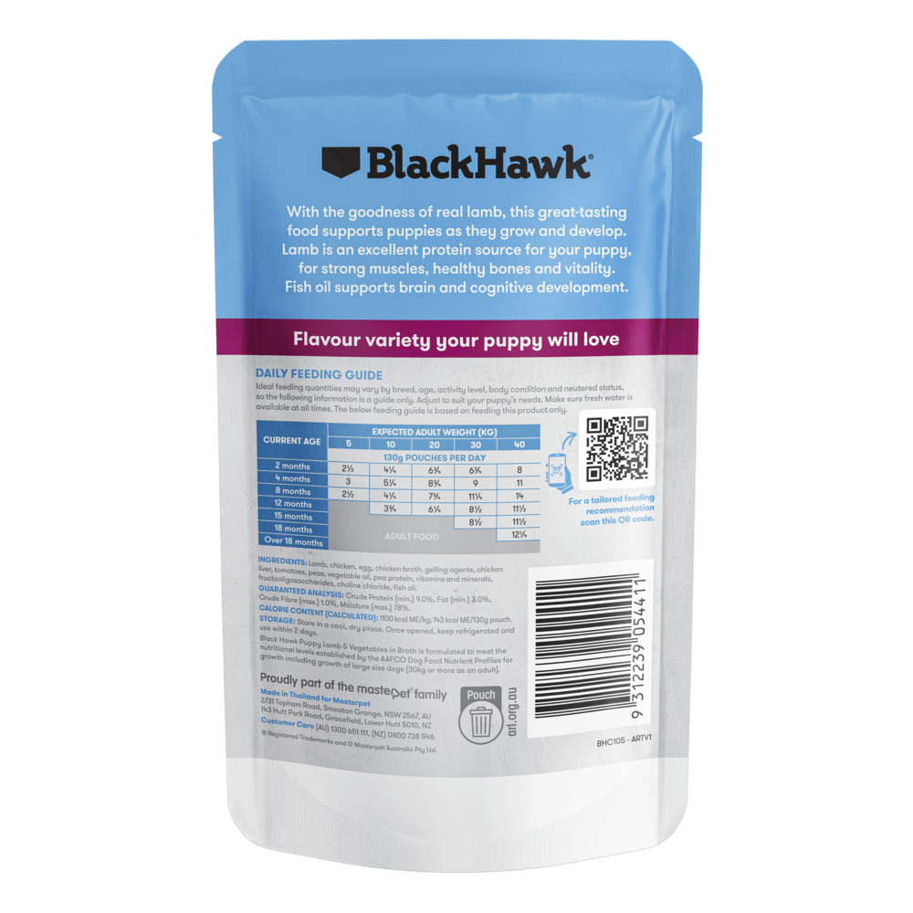 BLACK HAWK Original Puppy Lamb & Vegetables Wet Dog Food 130g back with product information