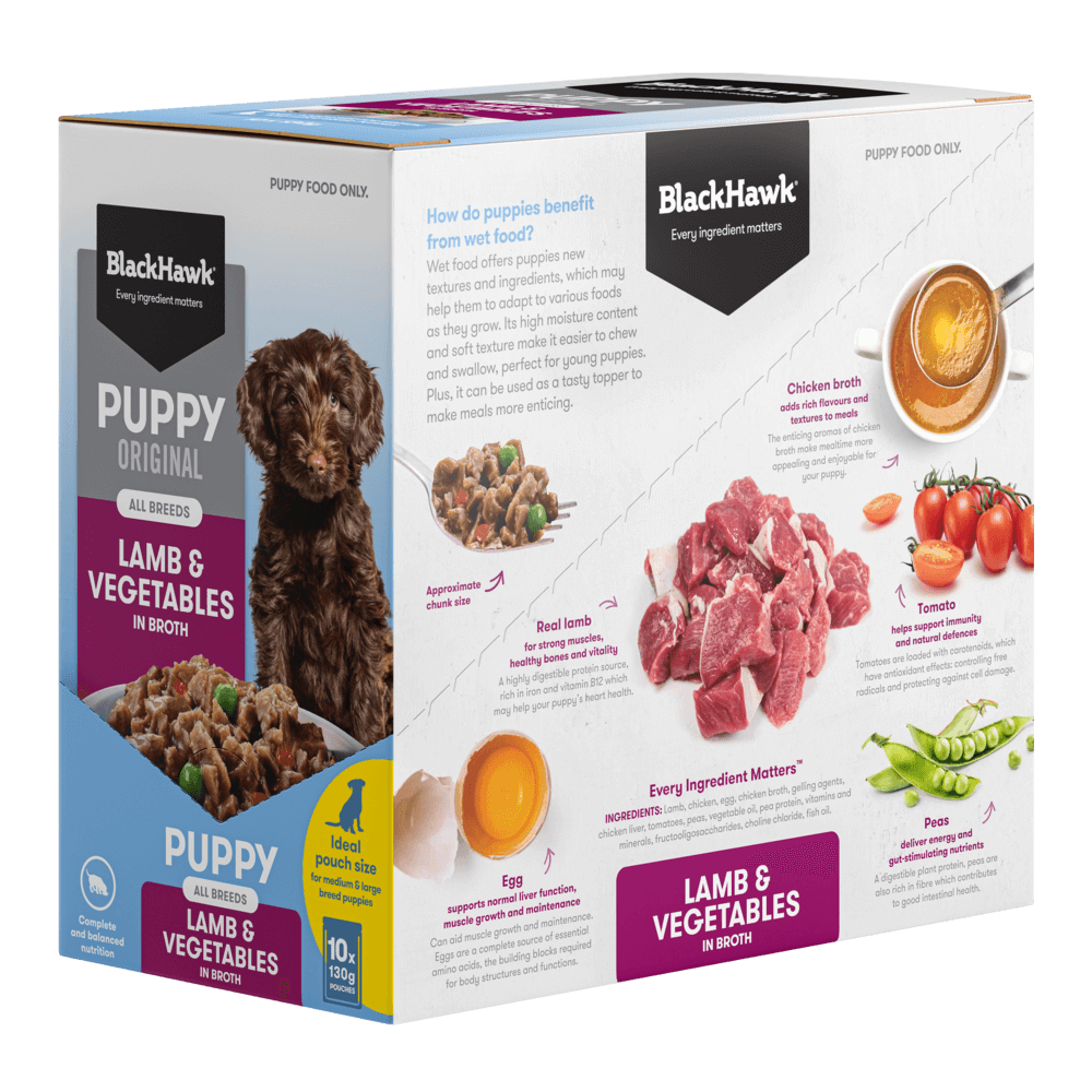BLACK HAWK Original Puppy Lamb & Vegetables Wet Dog Food 130gx10 pack box back with information 