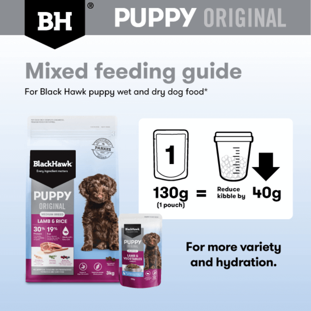 BLACK HAWK Original Puppy Lamb & Vegetables Wet Dog Food mixed feeding guide