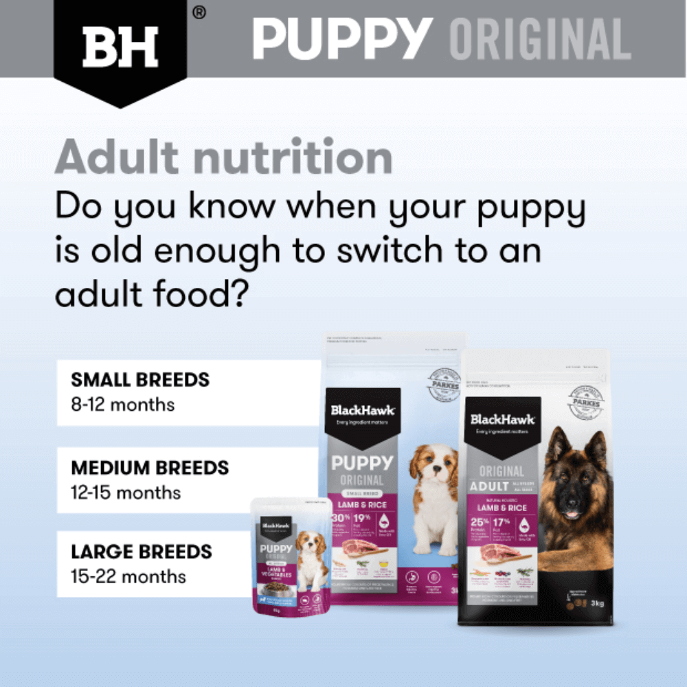 BLACK HAWK Original Puppy Lamb & Vegetables Wet Dog Food when to swap to adult food