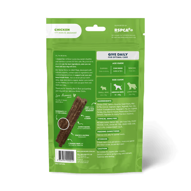 Bell & Bone Dental Stick Chicken, Mint, Seaweed Dog Treat 7 Pack information label
