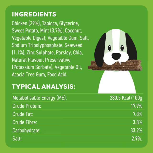 Bell & Bone Dental Stick Chicken, Mint, Seaweed Dog Treat 7 Pack ingredients and typical analysis