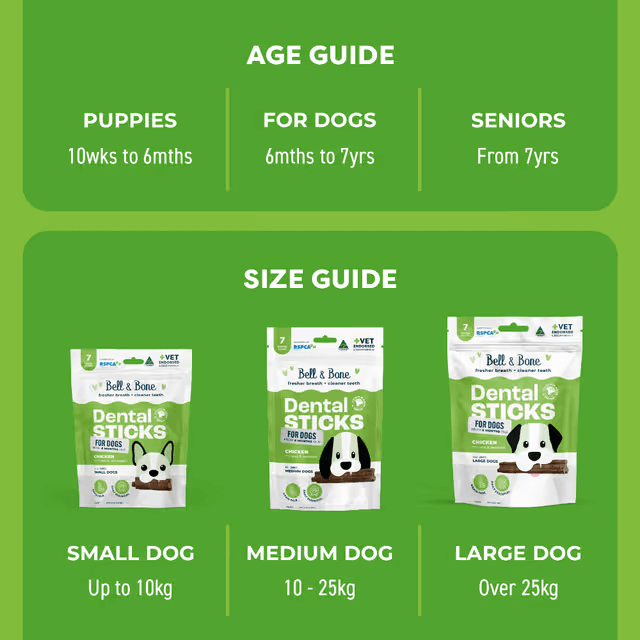 Bell & Bone Dental Stick Chicken, Mint, Seaweed Dog Treat 7 Pack age guide and size guide
