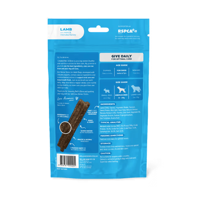 Bell & Bone Dental Stick Lamb, Mint, Manuka Honey Dog Treat 7 Pack information label