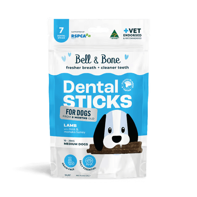 Bell & Bone Dental Stick Lamb, Mint, Manuka Honey Dog Treat 7 Pack for medium dogs