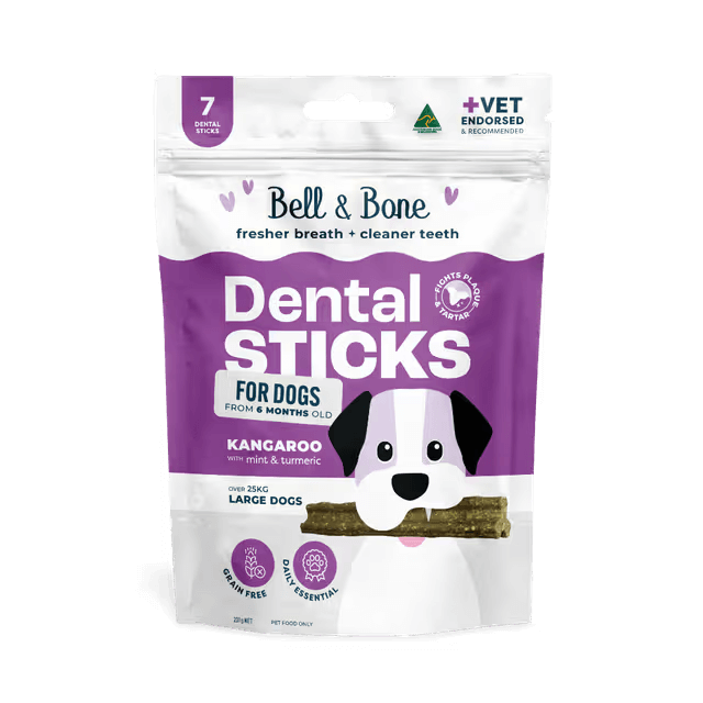 Bell & Bone Dental Sticks Kangaroo, Mint and Turmeric Dog Treat 7 Pack for medium dogs