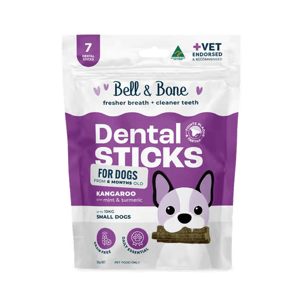 Bell & Bone Dental Sticks Kangaroo, Mint and Turmeric Dog Treat 7 Pack for small dogs