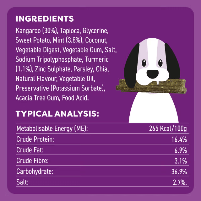 Bell & Bone Dental Sticks Kangaroo, Mint and Turmeric Dog Treat 7 Pack ingredients and tyical analysis